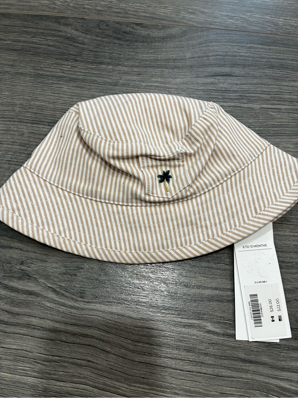 Janie and Jack Beige and White Striped Bucket Hat with Green Embroidery